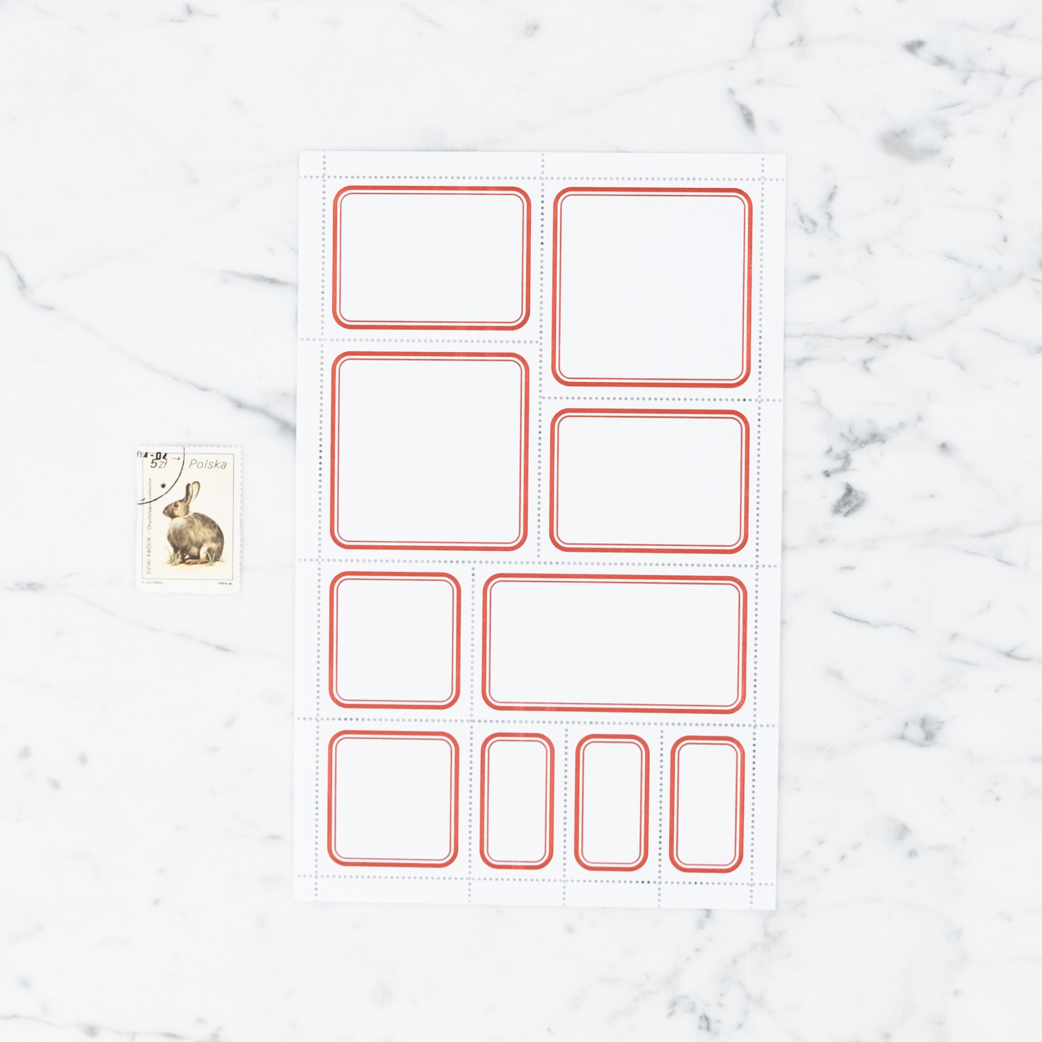 Blank Perforated Stamp Label Sheet - Red - Round Corners